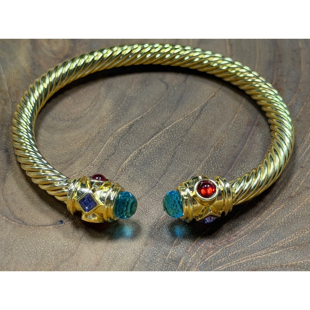 Gold‎ Tone Twisted Cable Cuff Bracelet Multi Color Jewel Cabochon Accents